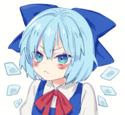 Rule 34 | 1girl, :&lt;, blue bow, blue eyes, blue hair, bow, cirno, hair between eyes, hair bow, ice, ice wings, short hair, simple background, solo, tomobe kinuko, touhou, upset, white background, wings