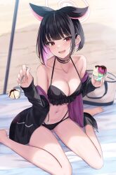 Rule 34 | 1girl, absurdres, animal ears, bikini, black bikini, black choker, black hair, blue archive, breasts, cat ears, choker, colored inner hair, extra ears, food, halo, highres, ice cream, jacket, kazusa (blue archive), looking at viewer, medium breasts, multicolored hair, navel, off shoulder, open clothes, open jacket, open mouth, pink hair, rama (yu-light8), red eyes, short hair, sitting, solo, swimsuit, two-tone hair, wariza