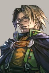 Rule 34 | 1boy, belt, blue cape, blue eyes, brown hair, cape, glasses, grey background, grin, high collar, hungry clicker, japanese clothes, lezard valeth, looking at viewer, male focus, parted bangs, parted lips, simple background, smile, solo, valkyrie profile (series)