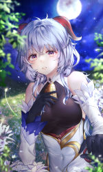 Rule 34 | 1girl, absurdres, ahoge, bare shoulders, bell, black gloves, blue hair, blurry, blush, breasts, covered navel, depth of field, detached sleeves, flower, ganyu (genshin impact), genshin impact, gloves, gold trim, highres, horns, huge filesize, large breasts, looking at viewer, moon, multicolored eyes, neck bell, night, sidelocks, solo, white sleeves, youwon0417