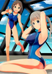 Rule 34 | 00s, 2girls, armpits, arms behind head, ass, barefoot, blue eyes, blue sky, blush, breasts, brown hair, cloud, collarbone, competition swimsuit, covered erect nipples, covered navel, day, from side, green eyes, highleg, highleg swimsuit, kawagoe ibuki, light brown hair, long hair, looking at viewer, majikaru bushi, multiple girls, one-piece swimsuit, open mouth, ponytail, pool, poolside, rei no pool, shibaguchi konomi, shiny clothes, short hair, sideboob, sitting, skin tight, sky, smile, standing, standing on one leg, swimsuit, tetsudou musume, v, wariza
