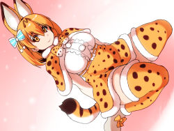 Rule 34 | 10s, 1girl, animal ears, blonde hair, breasts, capelet, fur trim, high-waist skirt, isna (footprintsofisna), kemono friends, large breasts, looking at viewer, orange capelet, orange thighhighs, serval (kemono friends), serval print, serval tail, sitting, skirt, smile, solo, striped tail, tail, thighhighs, yellow eyes