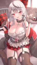 Rule 34 | 1girl, absurdres, bare shoulders, black gloves, breasts, cleavage, fingerless gloves, gloves, grey hair, highres, hololive, large breasts, long hair, looking at viewer, multicolored hair, open mouth, p-tomi, red eyes, sakamata chloe, sitting, smile, solo, streaked hair, virtual youtuber
