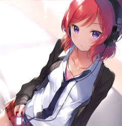 Rule 34 | 1girl, :o, artist name, artist request, black jacket, blue necktie, blush, breasts, buttons, collarbone, collared shirt, digital media player, dress shirt, female focus, hair between eyes, hair ornament, hairclip, headphones, headset, heart, ipod, jacket, jewelry, long sleeves, looking at viewer, love live!, love live! school idol festival, love live! school idol project, medium breasts, mignon, necklace, necktie, nishikino maki, open clothes, open jacket, parted bangs, purple eyes, red hair, shirt, short hair, sleeves past wrists, solo, thighhighs, unbuttoned, white shirt, zettai ryouiki