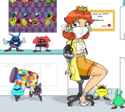 Rule 34 | 1girl, absurdres, angry, blue eyes, bound, bound wrists, breasts, brown eyes, coat, dr. mario (game), dr. mario world, earrings, flower earrings, full body, gag, glass bottle, gloves, high heels, highres, improvised gag, jewelry, laughing, legs, mario (series), nintendo, princess daisy, restrained, rope, sitting, skirt, super mario land, tied up, virus (dr. mario)