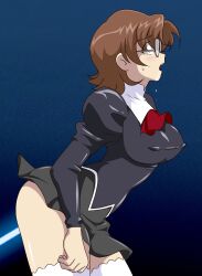 Rule 34 | 1girl, agent aika, aika (series), black delmo, blush, breasts, brown hair, covered erect nipples, delmogeny uniform, glasses, glasses delmo, highres, kuroyoshi, large breasts, military uniform, open mouth, saliva, short hair, solo, thighhighs, uniform, white thighhighs