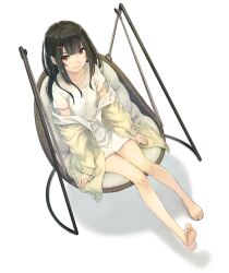 Rule 34 | 1girl, bare legs, barefoot, black hair, brown eyes, chair, closed mouth, eyelashes, feet, fukukitaru, full body, hair ornament, hairclip, highres, jacket, knees together feet apart, legs, long sleeves, looking at viewer, off shoulder, open clothes, open jacket, original, short sleeves, sidelocks, sitting, smile, soles, solo, thighs, toenails, toes