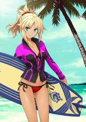 Rule 34 | 1girl, beach, bikini, blonde hair, breasts, cleavage, collarbone, dark-skinned female, dark skin, day, fate/apocrypha, fate/grand order, fate (series), green eyes, groin, hair ornament, hair scrunchie, high ponytail, highres, jacket, long hair, looking at viewer, mordred (fate), mordred (fate/apocrypha), mordred (swimsuit rider) (fate), navel, open clothes, open jacket, outdoors, palm tree, red bikini, red scrunchie, scrunchie, side-tie bikini bottom, sky, smile, solo, swimsuit, tree