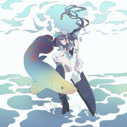 Rule 34 | 1girl, aqua hat, arapaima, black hair, breasts, earpiece, elbow gloves, fish, full body, garrison cap, gloves, hair ribbon, hat, headgear, highres, kantai collection, long hair, nanakoma, one-piece swimsuit, parted lips, ponytail, ribbon, scamp (kancolle), short shorts, shorts, side ponytail, small breasts, star (symbol), swimsuit, underwater, white gloves, white shorts