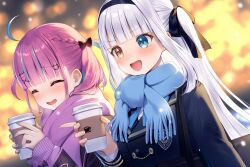 Rule 34 | 2girls, :d, ahoge, black bow, black hairband, black jacket, black ribbon, blue bow, blue eyes, blue nails, blue scarf, blunt bangs, blurry, blurry background, blush, bow, braid, brown eyes, cat hair ornament, closed eyes, crossover, cup, depth of field, disposable coffee cup, disposable cup, enpera, fringe trim, hair bow, hair ornament, hair ribbon, hairband, hairclip, heterochromia, holding, holding cup, hololive, jacket, kagura gumi, kagura mea, long hair, long sleeves, minato aqua, minato aqua (school uniform), momoshiki tsubaki, multicolored hair, multiple girls, nail polish, open mouth, pink hair, pink scarf, puffy long sleeves, puffy sleeves, purple hair, purple sweater, ribbon, scarf, shirt, sleeves past wrists, smile, streaked hair, sweater, two side up, upper body, v-shaped eyebrows, virtual youtuber, white hair, white shirt, x hair ornament, yellow eyes