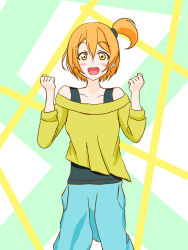Rule 34 | 1girl, alternate hairstyle, aqua pants, artist name, artist request, bare shoulders, black shirt, breasts, clenched hands, collarbone, female focus, green eyes, hair between eyes, highres, hoshizora rin, looking at viewer, love live!, love live! school idol festival, love live! school idol project, off-shoulder shirt, off shoulder, orange hair, pants, parted lips, paw pose, ponytail, puffy pants, shirt, short hair, short sleeves, side ponytail, small breasts, smile, solo, teeth, undershirt, yellow eyes, yellow shirt