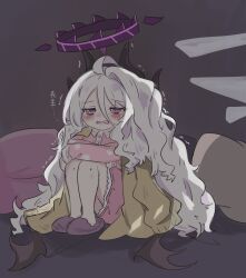 Rule 34 | 1girl, ahoge, blue archive, blush, commentary request, demon horns, e v e neko, grey hair, hair between eyes, halo, highres, hina (blue archive), horns, long hair, messy hair, multiple horns, open mouth, pajamas, pink pajamas, purple eyes, purple footwear, solo, tears, translation request, trembling, unkempt, very long hair