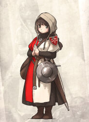 Rule 34 | 1girl, armor, belt, boots, brown eyes, brown hair, figure, gambeson, habit, helmet, highres, ironlily, long hair, medieval, ordo mediare sisters (ironlily), own hands clasped, own hands together, pouch, sheath, solo, standing, sword, weapon