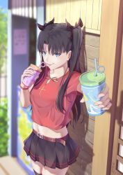 Rule 34 | 1girl, belt, black hair, blue eyes, blurry, blurry background, breasts, cup, drinking glass, drinking straw, drinking straw in mouth, fate (series), food, medium breasts, midriff, offering drink, pov, skirt, solo, straw, tohsaka rin, twintails, yeh (354162698)