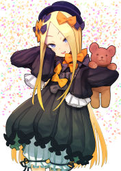 Rule 34 | 1girl, :d, abigail williams (fate), black bow, black dress, black hat, blonde hair, bloomers, blue eyes, bow, bug, butterfly, commentary request, confetti, cowboy shot, daitai konna kanji, dress, eyes visible through hair, fate/grand order, fate (series), forehead, hair bow, hands up, hat, head tilt, highres, hugging object, insect, long hair, long sleeves, open mouth, orange bow, parted bangs, polka dot, polka dot bow, simple background, sleeves past fingers, sleeves past wrists, smile, solo, standing, stuffed animal, stuffed toy, teddy bear, teeth, underwear, upper teeth only, v-shaped eyebrows, very long hair, white background, white bloomers