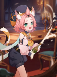 Rule 34 | 1girl, 3d background, absurdres, animal ears, bangs pinned back, belt, bottle, cat ears, cat girl, cat tail, champagne bottle, commentary request, detached sleeves, diona (genshin impact), genshin impact, gloves, green eyes, hair ribbon, hat, highres, holding, holding bottle, long sleeves, looking away, man man, pink hair, puffy detached sleeves, puffy shorts, puffy sleeves, ribbon, short hair, shorts, sidelocks, solo, tail, thick eyebrows, white gloves