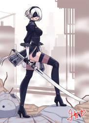Rule 34 | 1girl, android, black gloves, black skirt, black thighhighs, boots, breasts, feather-trimmed sleeves, gloves, high heel boots, high heels, juliet sleeves, katana, long sleeves, nier (series), nier:automata, puffy sleeves, short hair, skirt, sword, thigh boots, thighhighs, thighhighs under boots, weapon, 2b (nier:automata)