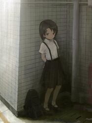 Rule 34 | 1girl, absurdres, against wall, arms behind back, backpack, bag, black eyes, black footwear, black hair, black skirt, buttons, closed mouth, collared shirt, commentary, full body, grate, hair ornament, hairclip, half-closed eyes, highres, idolmaster, idolmaster cinderella girls, industrial pipe, light smile, looking at viewer, mani tamlyn, mary janes, parted bangs, pleated skirt, rabbit hair ornament, sasaki chie, sewer grate, shirt, shirt tucked in, shoes, short hair, short sleeves, skirt, socks, solo, standing, suspender skirt, suspenders, tile wall, tiles, train station, unworn backpack, unworn bag, white shirt, white socks