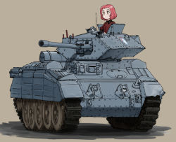 Rule 34 | 10s, 1girl, brown background, brown eyes, closed mouth, commentary, crusader (tank), emblem, girls und panzer, jacket, looking to the side, military, military uniform, military vehicle, motor vehicle, nogitatsu, red hair, red jacket, rosehip (girls und panzer), school uniform, shadow, short hair, simple background, solo, st. gloriana&#039;s (emblem), st. gloriana&#039;s school uniform, tank, uniform, vehicle focus
