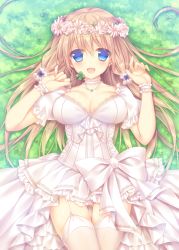 Rule 34 | 1girl, blonde hair, blue eyes, blush, breasts, clover, dress, four-leaf clover, garter straps, head wreath, large breasts, long hair, looking at viewer, lying, on back, original, smile, solo, sorai shin&#039;ya, thighhighs, traene (sorai shin&#039;ya), white thighhighs