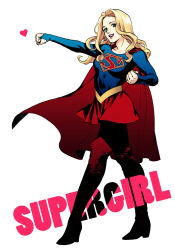 Rule 34 | 1girl, blonde hair, blue eyes, boots, cape, character name, dc comics, emblem, heart, kamome shirahama, kryptonian, looking at viewer, pantyhose, skirt, smile, solo, supergirl, superman (series), thigh boots, thighhighs