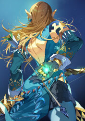 Rule 34 | 1boy, absurdres, arrow (projectile), back cutout, black gloves, blue background, blue pants, blue shirt, blue sleeves, brown hair, clothing cutout, detached sleeves, earrings, from behind, gloves, glowing, highres, holding, holding arrow, jewelry, link, long hair, looking ahead, male focus, median furrow, multiple rings, nintendo, oboro keisuke, pants, pointy ears, ring, shirt, simple background, sleeveless, sleeveless shirt, solo, the legend of zelda, the legend of zelda: tears of the kingdom