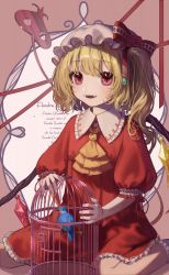 Rule 34 | 1girl, adapted costume, ascot, bird, birdcage, blonde hair, cage, character name, commentary request, crystal, dress, earrings, english text, fangs, flandre scarlet, flat chest, flower, foot out of frame, frilled shirt collar, frills, hair between eyes, hat, highres, jewelry, laevatein (touhou), light blush, looking at viewer, mob cap, one side up, parted lips, pink background, pink hat, puffy short sleeves, puffy sleeves, ranunculus, red dress, red eyes, red flower, short hair, short sleeves, simple background, sitting, smile, solo, teruteru (teru teru), touhou, wariza, white legwear, wings, yellow ascot