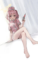Rule 34 | 1girl, barefoot, blue archive, blush, breasts, buttons, check commentary, commentary request, crossed legs, dress, feathers, halo, hat, highres, holding, holding syringe, medium breasts, medium hair, nurse cap, official alternate costume, one side up, open mouth, pink dress, pink eyes, pink hair, pink hat, saibashi (develop komono), serina (blue archive), serina (nurse) (blue archive), short sleeves, smile, solo, syringe, toes, yellow halo