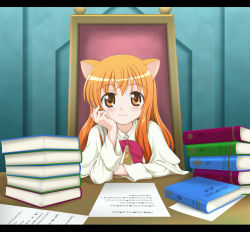 Rule 34 | 1girl, animal ears, artist request, blush, book, brown eyes, brown shirt, cape, chair, desk, dog days, dog ears, feathers, hand on own cheek, hand on own face, long hair, long sleeves, looking at viewer, orange hair, paper, quill, red ribbon, ribbon, ricotta elmar, shirt, sitting, smile, sweater vest