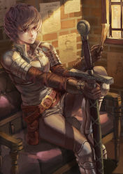 Rule 34 | 1boy, androgynous, armor, bad id, bad pixiv id, belt, blonde hair, commentary request, gloves, highres, holding, holding sword, holding weapon, kty (jarijarikun), male focus, original, red eyes, sitting, solo, sword, weapon, window