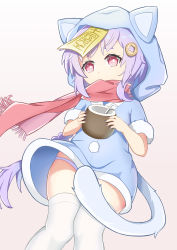 Rule 34 | 1girl, absurdres, alternate costume, animal ears, animal hood, cat ears, cat hood, cat tail, coconut, coin hair ornament, drink, drinking straw, eyelashes, fur trim, genshin impact, hair ornament, highres, holding, holding drink, hood, jiangshi, panties, purple eyes, purple hair, qiqi (genshin impact), scarf, short hair, simple background, solo, tail, thighhighs, underwear, xianyu fanshen qian