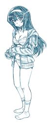 Rule 34 | 1girl, bbb (friskuser), blue theme, breasts, cleavage, closed mouth, drawstring, frown, full body, girls und panzer, hairband, highres, hood, hood down, hoodie, long hair, long sleeves, looking at viewer, loungewear, monochrome, no pants, open clothes, open hoodie, reizei mako, sleeves past wrists, small breasts, socks, solo, standing