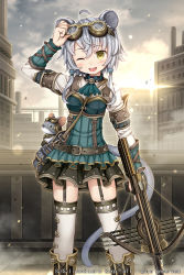 Rule 34 | 1girl, age of ishtaria, ahoge, animal ears, arrow (projectile), ascot, bag, belt, boots, bow (weapon), building, chain, company name, copyright notice, cross-laced footwear, crossbow, dress, eyebrows, garter straps, goggles, goggles on head, hair between eyes, hand on own head, handbag, highres, holding, holding weapon, lace-up boots, long hair, mouse (animal), mouse ears, namaru (summer dandy), official art, open mouth, silver hair, solo, steampunk, sunset, thighhighs, toki no ishutaria, twintails, weapon, white thighhighs, yellow eyes