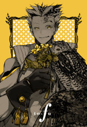 Rule 34 | 1boy, animal, artist request, bird, black gloves, bokuto koutarou, collar, feathered wings, flower, gloves, haikyuu!!, holding, holding flower, looking at viewer, male focus, multicolored hair, owl, parted lips, short hair, single wing, smile, solo, spiked hair, spot color, star (symbol), tassel, two-tone hair, upper body, wings, yellow eyes, yellow flower