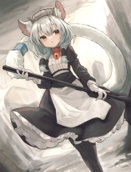 Rule 34 | 1girl, animal ear fluff, animal ears, apron, bell, black dress, black pantyhose, breasts, cat ears, cat girl, cat tail, collar, commentary, dress, fake horns, feet out of frame, frilled dress, frilled hair tubes, frills, gloves, grey hair, grey headwear, grey horns, hair between eyes, hair tubes, hand up, highres, holding, horns, jingle bell, kuzuteturondo, long hair, long sleeves, long tail, looking to the side, maid, neck bell, pantyhose, parted lips, red collar, ru 251 (kuzuteturondo), small breasts, solo, tail, tail ornament, tomisaka yorui, white apron, white gloves, white tail, yellow eyes
