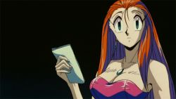 Rule 34 | 1990s (style), 1girl, animated, animated gif, bare shoulders, between breasts, bouncing breasts, breasts, cleavage, dress, earrings, female focus, ghost sweeper mikami, jewelry, large breasts, lighter, long hair, mikami reiko, necklace, red hair, retro artstyle, screencap, shiny clothes, short dress, simple background, solo