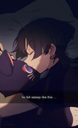 Rule 34 | 1boy, black hair, blunt ends, carbuncly, closed eyes, closed mouth, earrings, english text, genshin impact, head on pillow, hugging object, jewelry, light blush, lying, male focus, on side, parted bangs, pillow, scaramouche (cat) (genshin impact), scaramouche (genshin impact), solo, stuffed animal, stuffed toy, twitter username