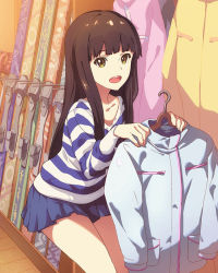 Rule 34 | 10s, 1girl, :d, blunt bangs, brown eyes, brown hair, coat, leaning forward, long hair, looking at viewer, nanase yoshino, official art, open mouth, skirt, skis, smile, solo, striped, vertical stripes, wake up girls!, wake up girls! stage no tenshi, winter clothes, winter coat
