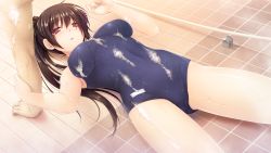 Rule 34 | 1boy, 1girl, against wall, alpha (yukai na nakamatachi), bathroom, black hair, blue one-piece swimsuit, boku no hitori sensou, breasts, competition school swimsuit, covered navel, embarrassed, game cg, hair between eyes, half-closed eyes, high ponytail, indoors, inuzuka rumi, kabedon, long hair, medium breasts, mixed-sex bathing, one-piece swimsuit, open mouth, red eyes, school swimsuit, shared bathing, shower (place), showering, solo focus, standing, swimsuit, thighs, very long hair