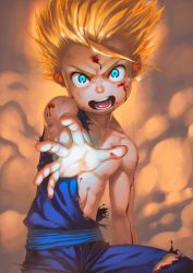 Rule 34 | 1boy, aiming, aiming at viewer, alkemanubis, blonde hair, blood, blood on face, blue eyes, chromatic aberration, dated, dougi, dragon ball, dragonball z, highres, male focus, outstretched arm, signature, smoke, solo, son gohan, super saiyan, super saiyan 2, tears, torn clothes