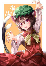 Rule 34 | 1girl, :d, absurdres, animal ear fluff, animal ears, arm up, blush, breasts, brown hair, cat ears, cat tail, chen, cowboy shot, earrings, fingernails, gold trim, hair between eyes, hand up, hat, highres, jewelry, looking at viewer, mahoro (minase mahoro), mob cap, multiple tails, nail polish, nekomata, open mouth, orange background, paw print, red eyes, red nails, red skirt, red vest, sharp fingernails, short hair, single earring, skirt, small breasts, smile, solo, tail, touhou, two tails, vest, yellow neckwear