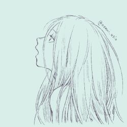 Rule 34 | 1girl, bare shoulders, blue theme, character request, from side, hai to no monogatari, long hair, looking up, nemui usio, open mouth, portrait, profile, simple background, sketch, solo, twitter username