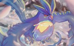 Rule 34 | articuno, blurry, closed mouth, commentary request, creatures (company), from above, game freak, gen 1 pokemon, legendary pokemon, nintendo, no humans, petals, pokemon, pokemon (creature), red eyes, signature, solo, talons, urufin (wolf v3ewc), white fur
