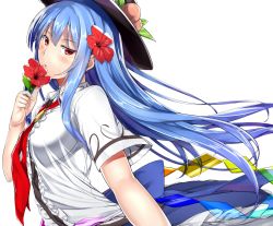Rule 34 | 1girl, bad id, bad pixiv id, blue hair, blush, flower, flower on head, hair flower, hair ornament, hat, hinanawi tenshi, holding, long hair, looking at viewer, necktie, neropaso, red eyes, shirt, short sleeves, skirt, solo, touhou