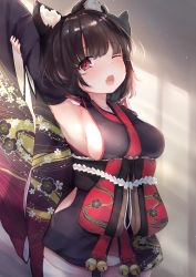 Rule 34 | 1girl, ;o, animal ear fluff, animal ears, armpits, arms behind head, arms up, azur lane, black hair, black kimono, breasts, cat ears, commentary request, fang, fox mask, highres, indoors, inushida (dogsheepsheep), japanese clothes, kimono, looking at viewer, mask, mask on head, medium breasts, one eye closed, panties, red eyes, short hair, sideboob, solo, thighhighs, underwear, white panties, white thighhighs, wide sleeves, yamashiro (azur lane), yawning
