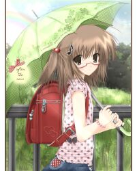 Rule 34 | 1girl, 2000s (style), backpack, bag, bracelet, brown eyes, brown hair, closed mouth, commentary, day, denim, denim skirt, english text, flat chest, fortissimo, from side, glasses, hair bobbles, hair ornament, highres, holding, holding umbrella, jewelry, looking at viewer, musical note, musical note hair ornament, one side up, original, outdoors, pillarboxed, polka dot, polka dot shirt, railing, rainbow, randoseru, red-framed eyewear, semi-rimless eyewear, shirt, short sleeves, skirt, smile, solo, sweetcinema, symbol-only commentary, umbrella, under-rim eyewear