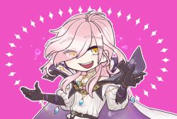 Rule 34 | 1boy, bare shoulders, black gloves, cape, commentary request, cowboy shot, crystal, eyes visible through hair, gloves, hair between eyes, jewelry, long hair, looking at viewer, nillem, open mouth, outstretched arms, pendant, pink background, pink hair, ragnarok online, shirt, simple background, smile, solo, sparkle, takuto173, white cape, white shirt, yellow eyes
