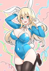 Rule 34 | 1girl, animal ears, atago (kancolle), black thighhighs, blonde hair, blue leotard, blush, breasts, cleavage, covered erect nipples, covered navel, fake animal ears, fake tail, furaggu (frag 0416), gloves, green eyes, groin, hair between eyes, highres, kantai collection, large breasts, leotard, long hair, long sleeves, looking at viewer, open mouth, outline, pink background, rabbit ears, rabbit tail, simple background, smile, solo, strapless, strapless leotard, tail, thighhighs, white gloves, white outline