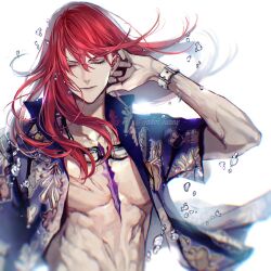Rule 34 | 1boy, air bubble, artist name, blue shirt, bubble, closed eyes, closed mouth, fate/grand order, fate (series), fingernails, floating hair, floral print, hair between eyes, highres, koshika rina, long hair, male focus, muscular, muscular male, open clothes, open shirt, pectorals, red hair, shirt, short sleeves, sidelocks, simple background, solo, tristan (fate), upper body, watch, white background, wristwatch