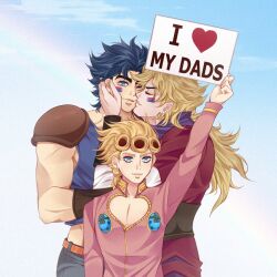 Rule 34 | 3boys, arm up, bisexual flag, bisexual male, blonde hair, blue eyes, blue hair, blue shirt, braid, bug, closed eyes, couple, dio brando, father and son, giorno giovanna, hand on another&#039;s face, holding, holding sign, insect, jacket, jojo no kimyou na bouken, jonathan joestar, kissing cheek, ladybug, long hair, male focus, multiple boys, muscular, muscular male, one eye closed, outdoors, phantom blood, pink jacket, propaganda, scarf, shirt, short hair, sign, smile, triptoaddict, vento aureo, yaoi